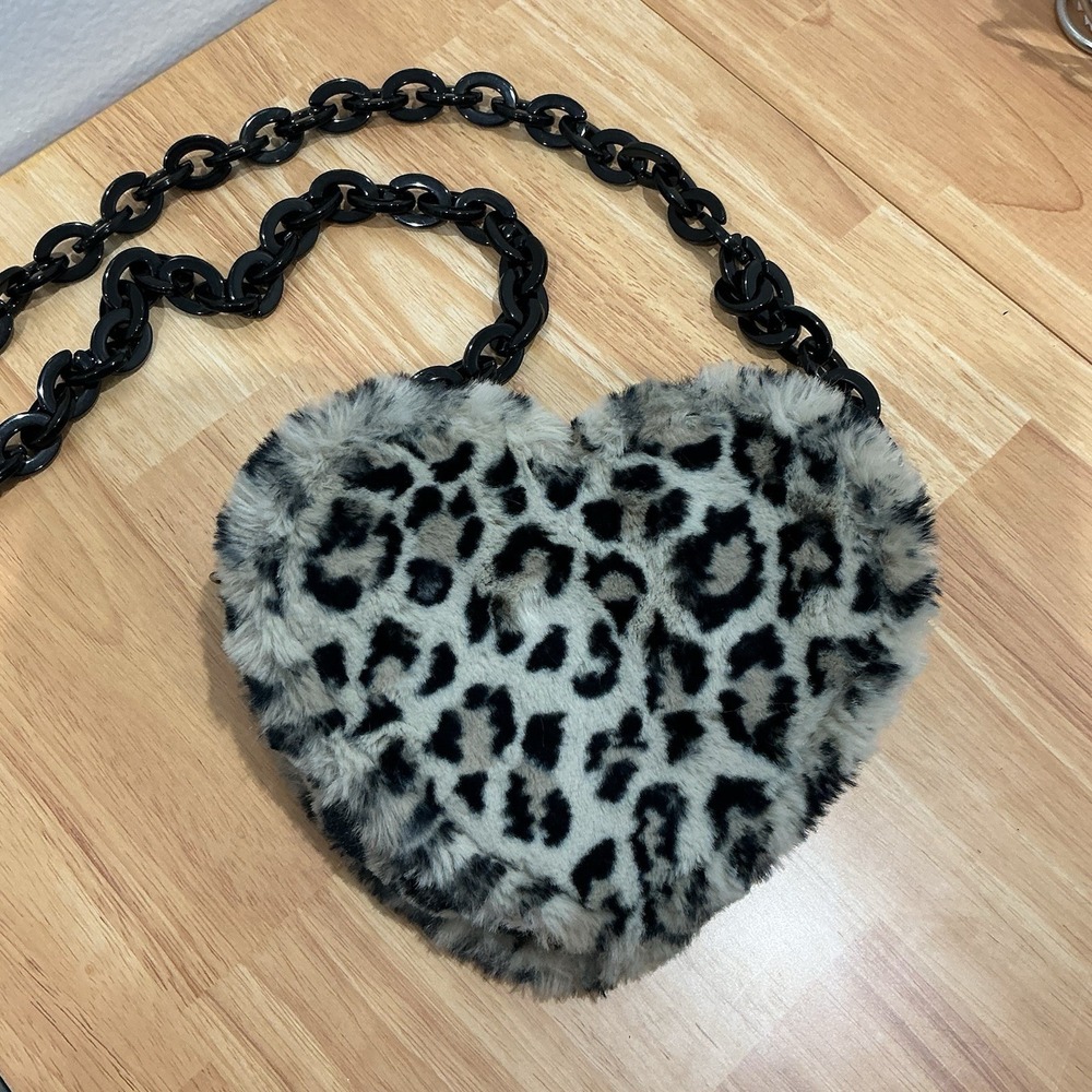 Cheetah Faux Fur Heart Shaped Purse With Black Chain Strap Crossbody Bag